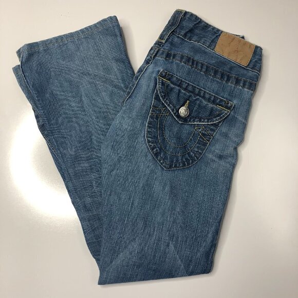 𝅺TRUE Religion 90s Low Rise Style Bootcut Medium Wash Blue Denim Jeans SIZE 25 - Picture 1 of 16
